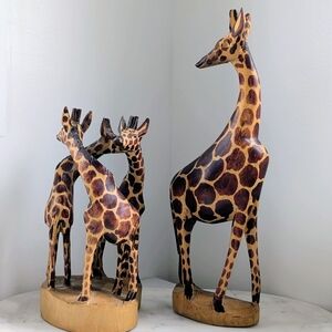 Two Wooden Hand Carved Giraffe Figurines